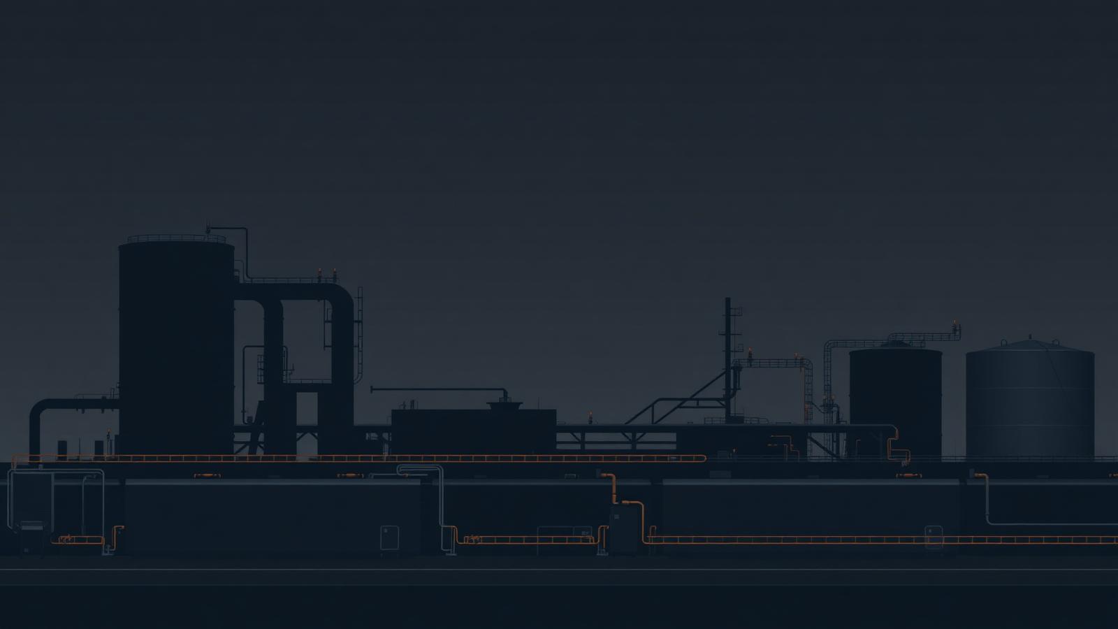 Abstract dark illustration of modular refinery skid units and storage tanks