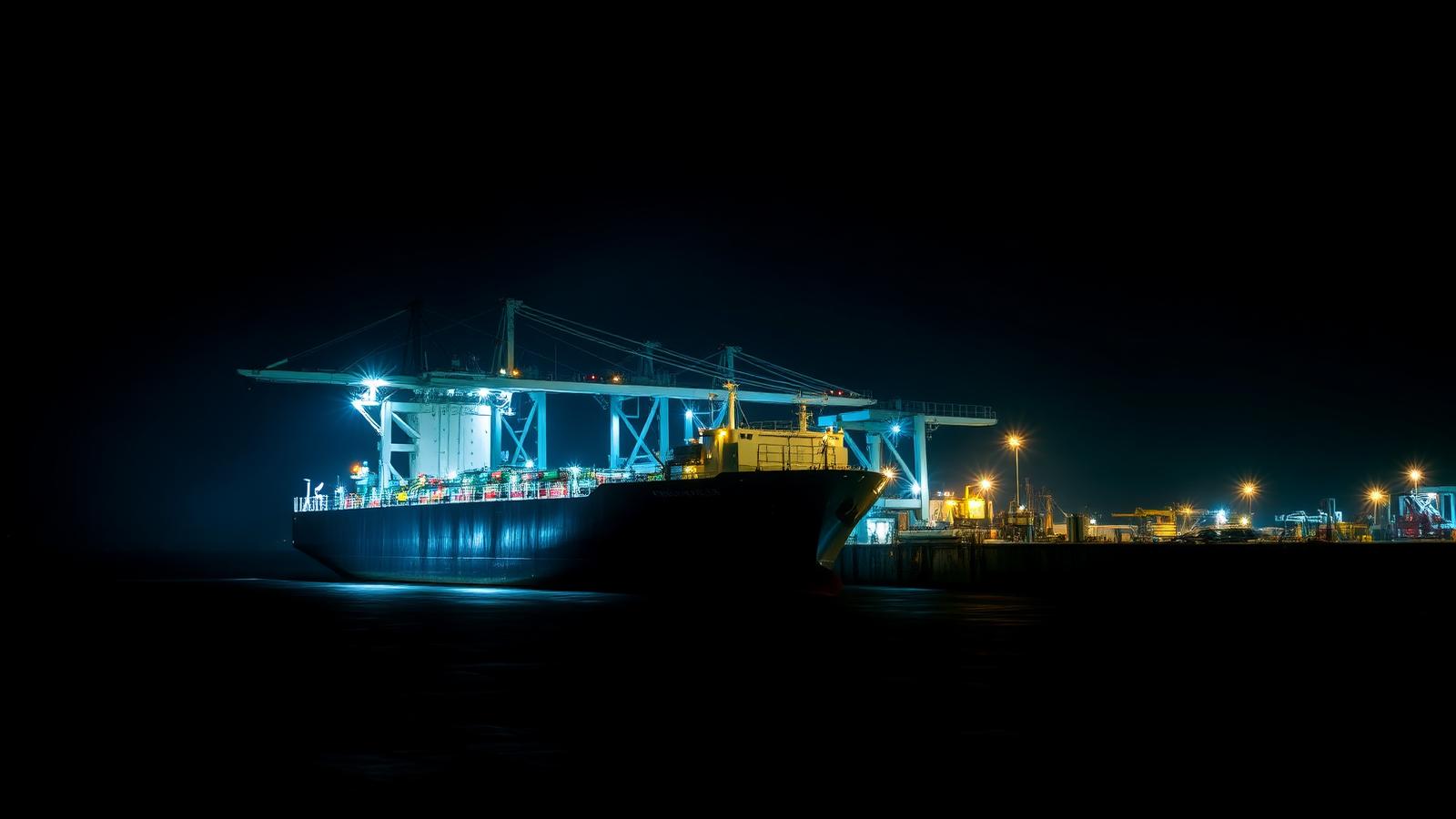 Marine terminal berth with loading infrastructure at night
