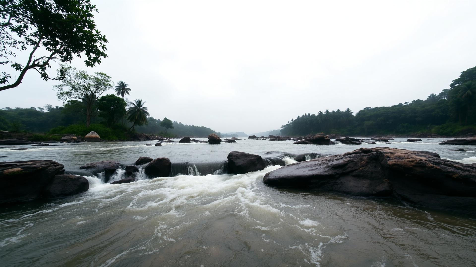 Dark river rapids over granite in Bolivar State, Venezuela